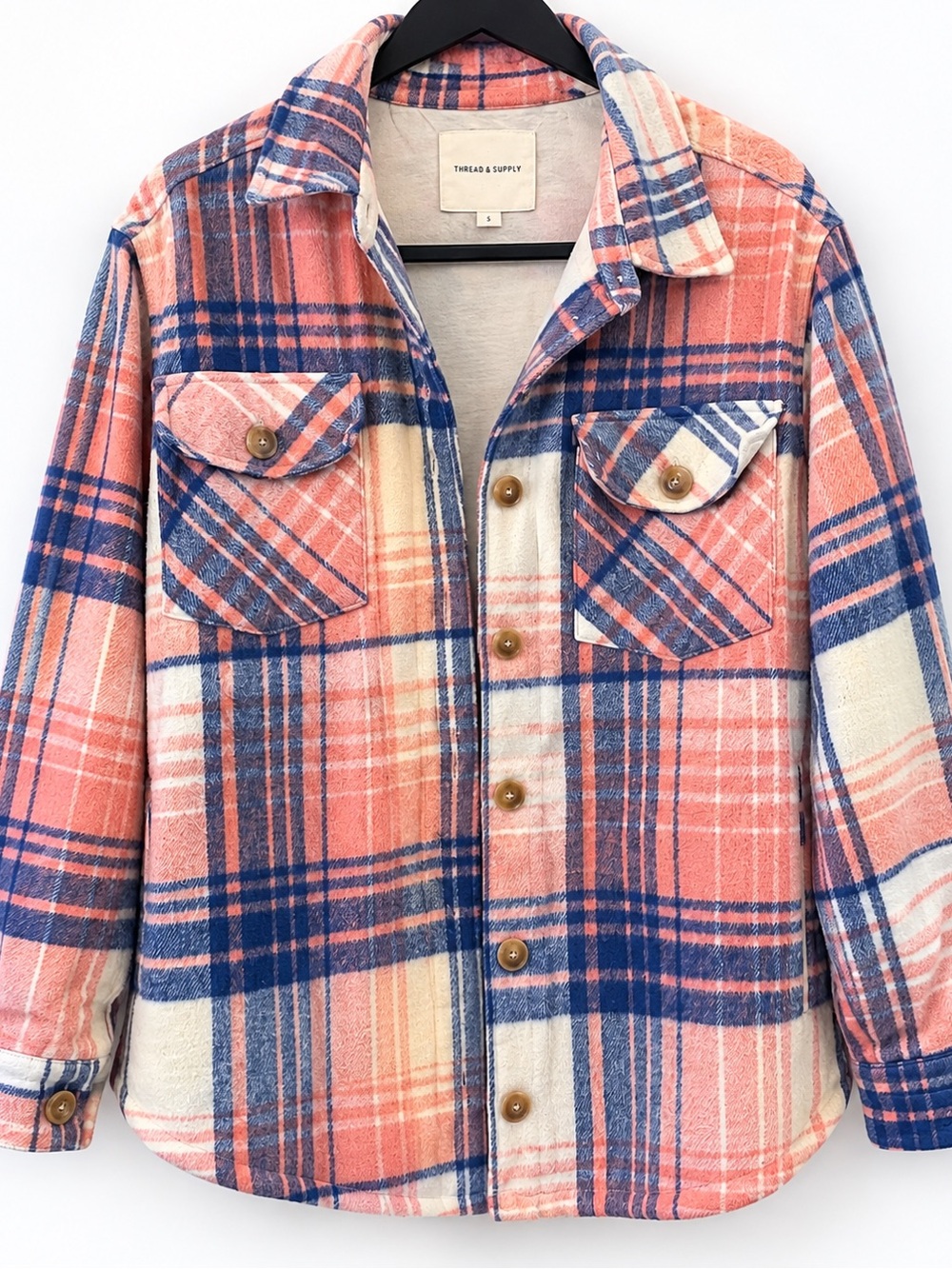 Thread & Supply Coral Pink and Navy Plaid Button-Front Shirt Jacket
